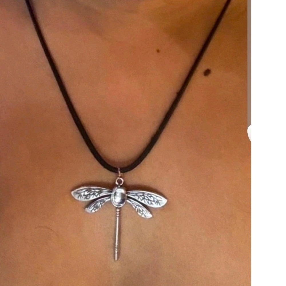 Dragonfly Pendant Necklace Silver Tone Faux Moonstone Black Cord Whimsigoth Boho